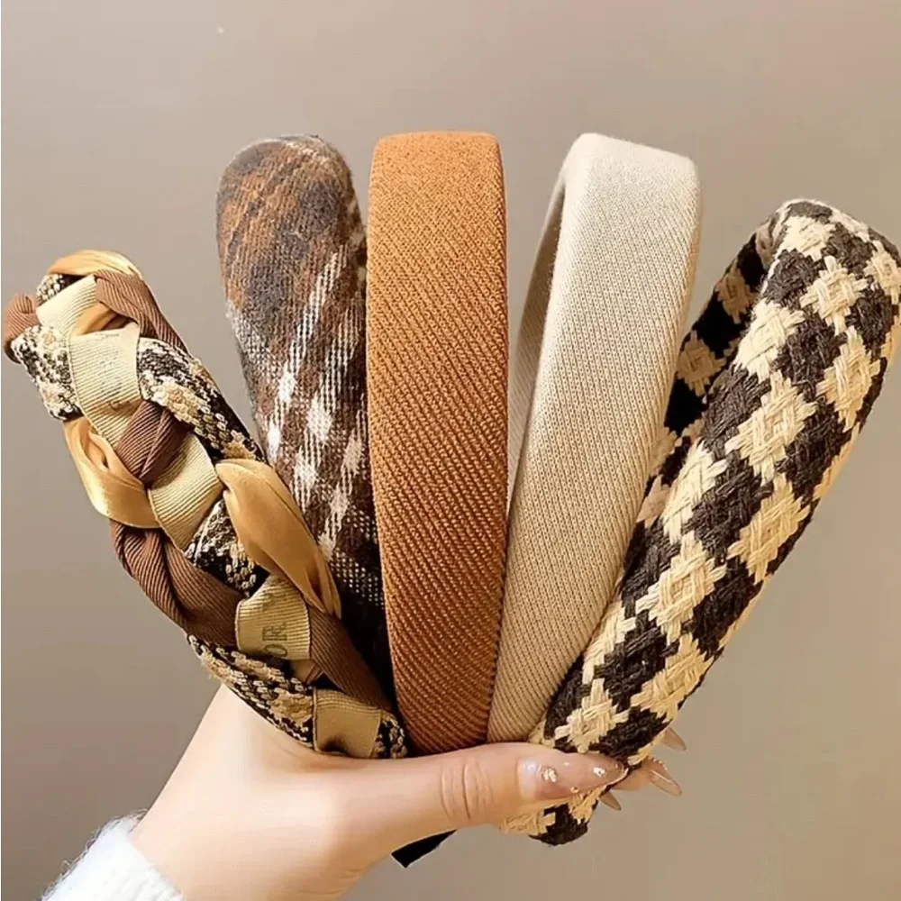 Plaid Solid Color Wide Fabric Headband Set ~ 5 Pieces